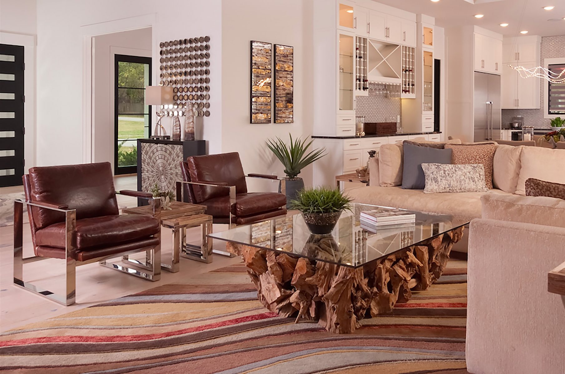 Family room with a teak root coffee table