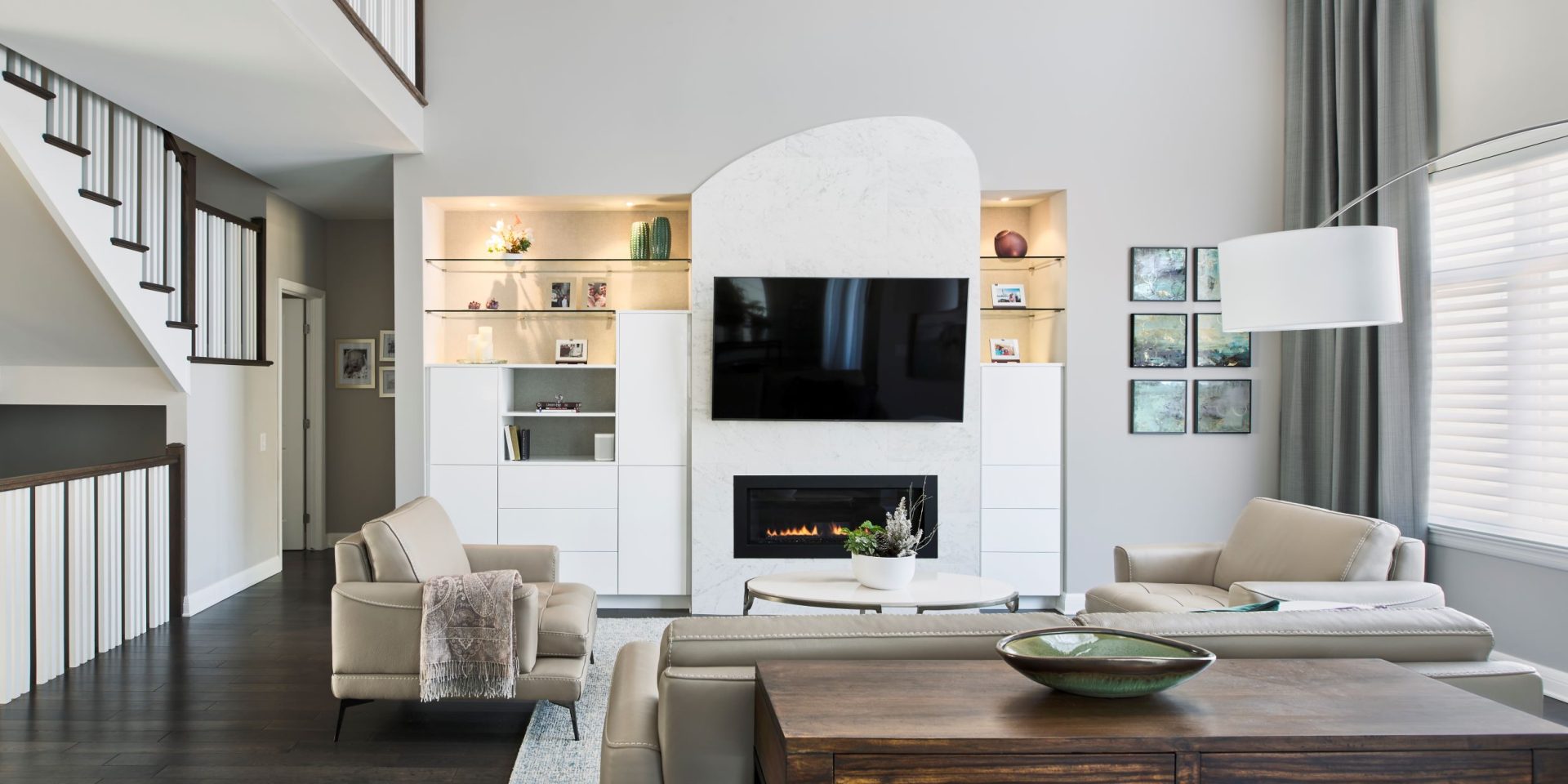 contemporary family room, interior design for families, making asymmetrical spaces work in home design, emerald green and purple colour palette, Kanata interior designer, Kanata interior decorating