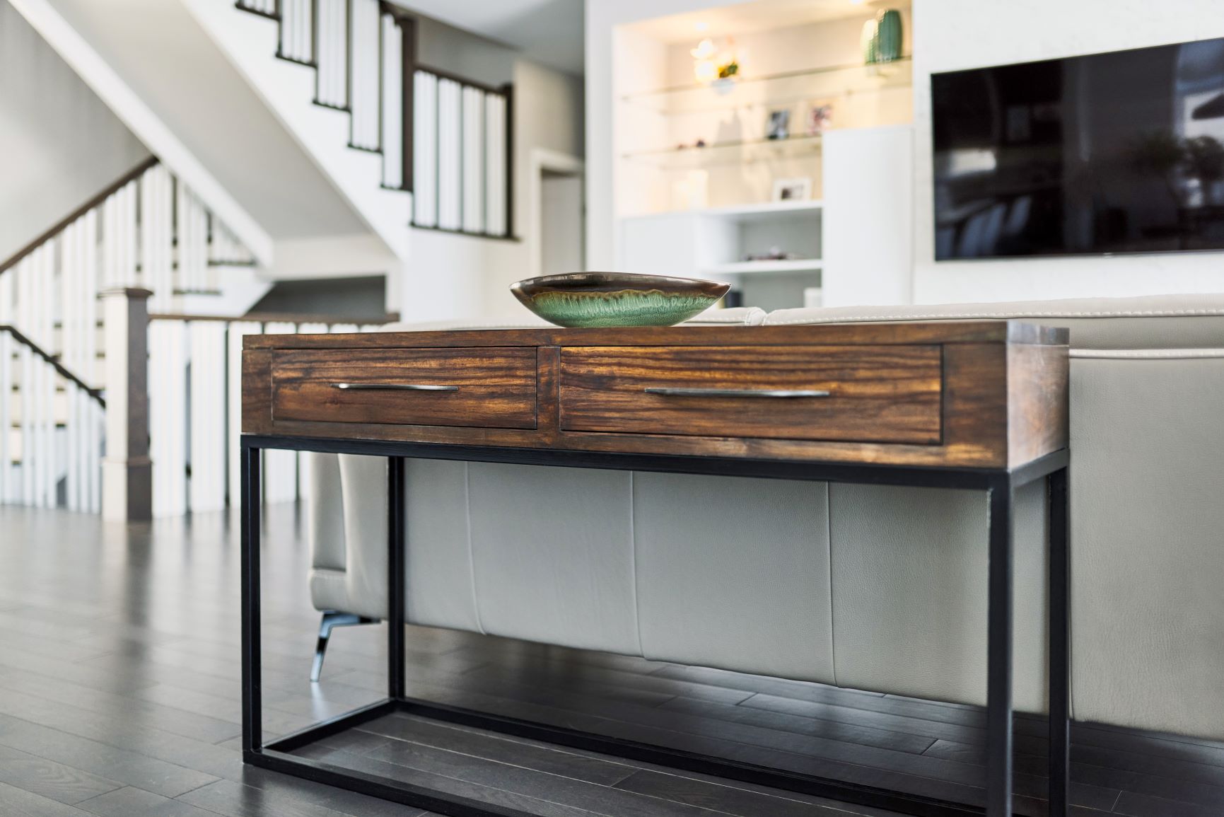 contemporary family room, interior design for families, making asymmetrical spaces work in home design, emerald green and purple colour palette, Kanata interior designer, Kanata interior decorating