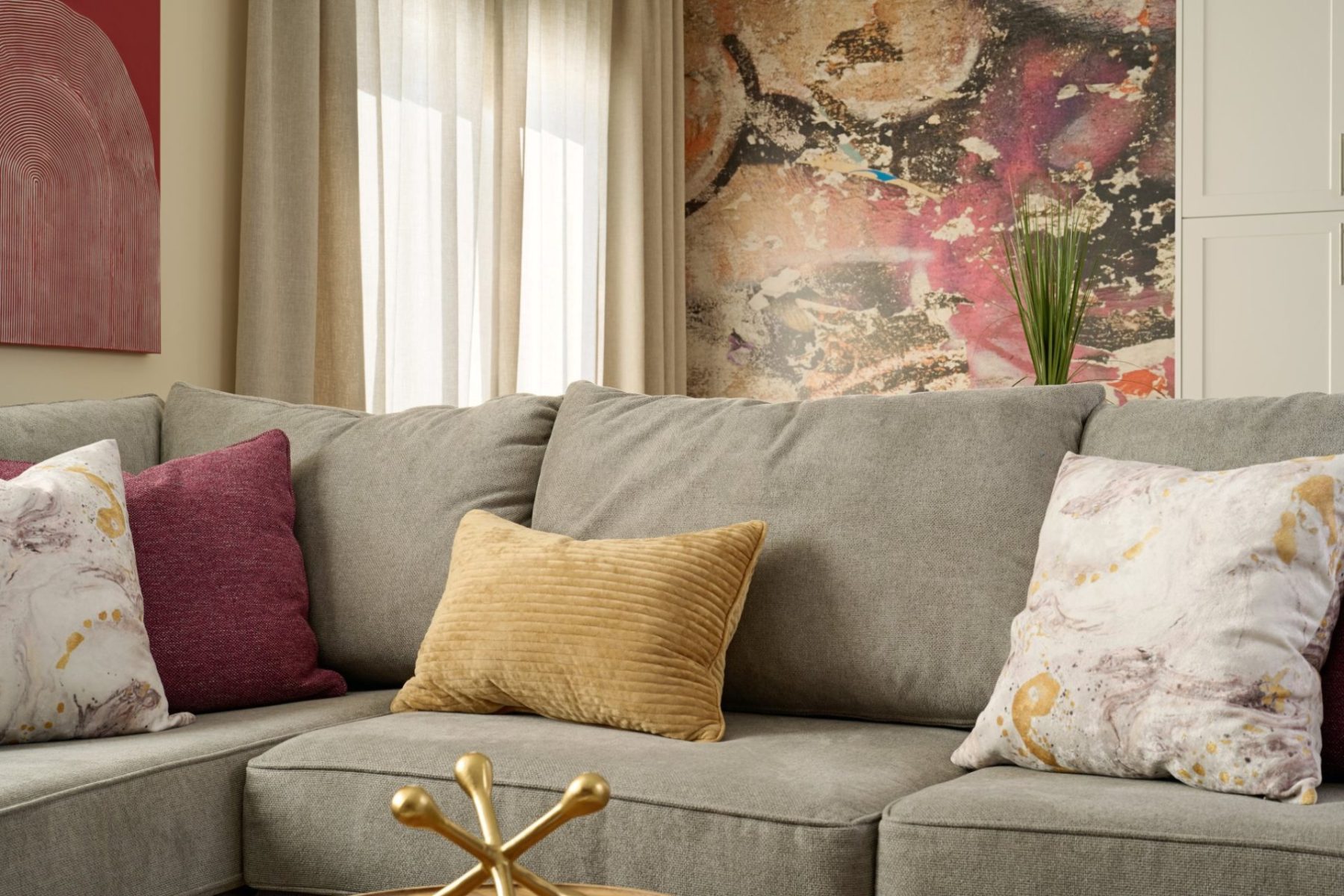 Elegant window treatments in a bright open-concept family room