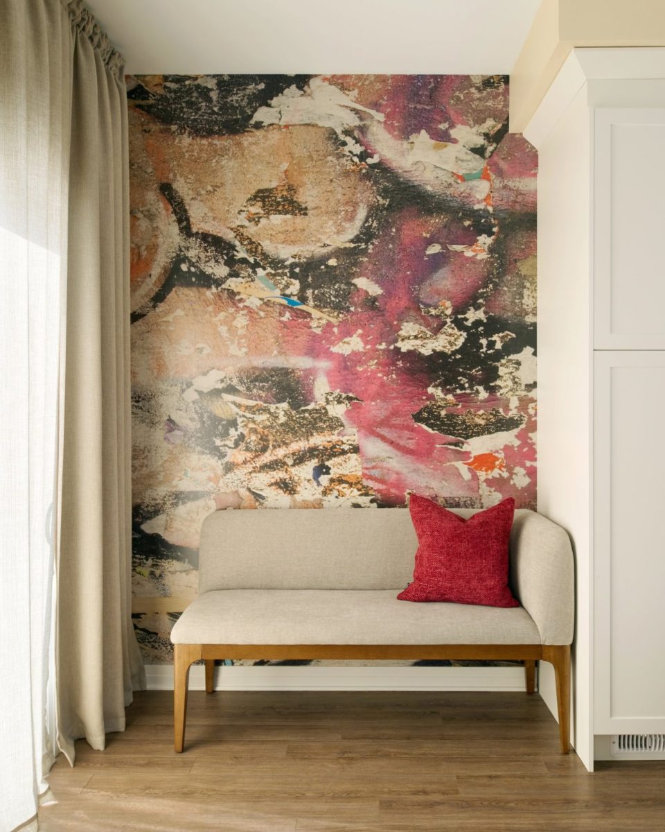 Colourful contemporary family room with yellow, red and purple accents