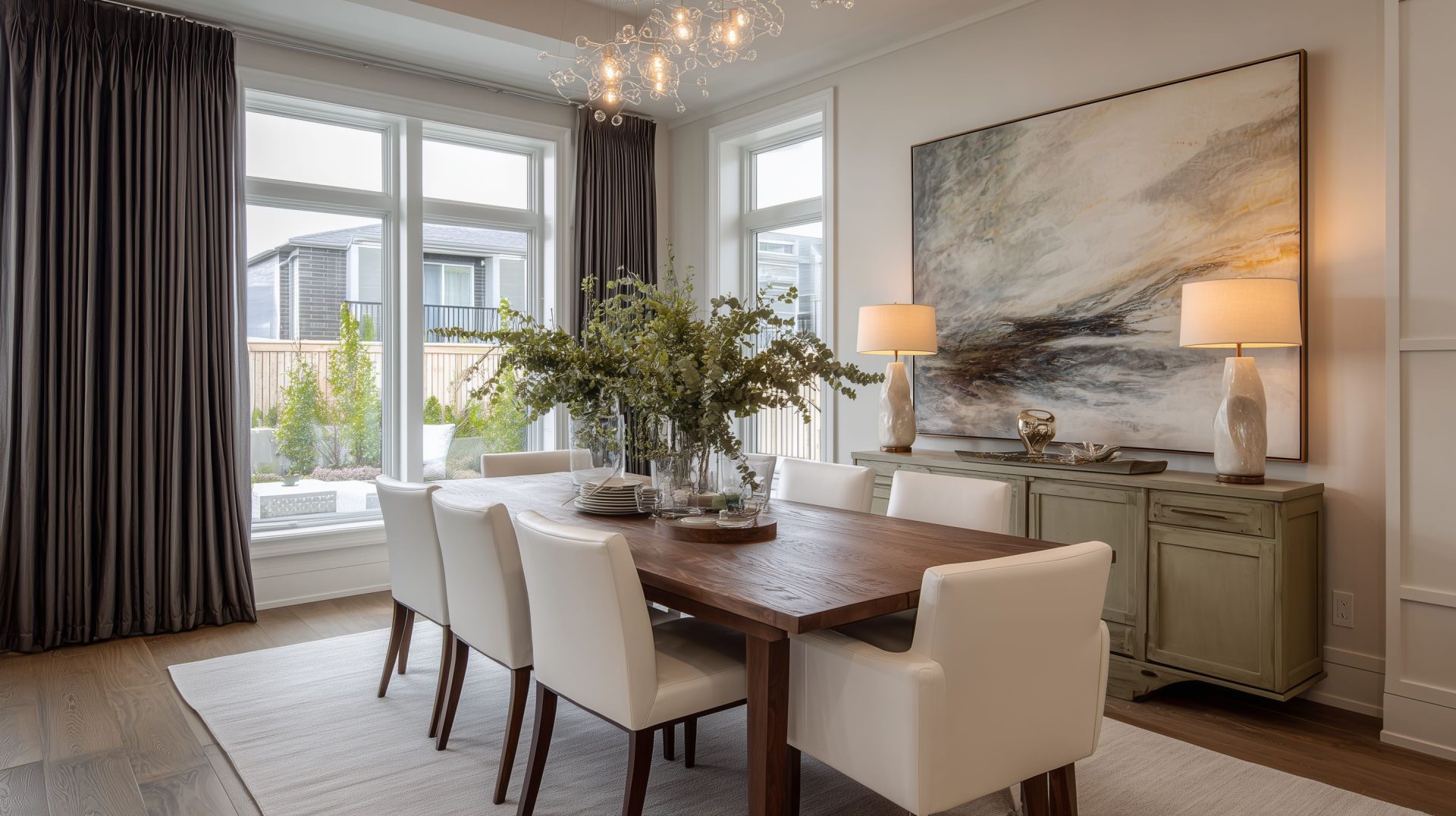 authentic transitional dining room with white chairs and medium tone dining table. Interior design Ottawa, Ottawa interior design, decorator Ottawa, decorator Manotick, Thoughtful interior design in Ottawa