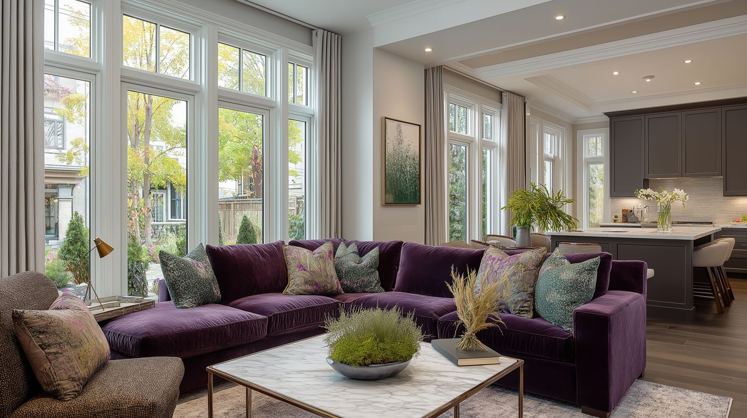 Contemporary-classic family room with a purple sectional sofa, interior designer near me, decorator near me, Ottawa decorator, home decorator near me, interior decorator near me, authentic designer in Ottawa