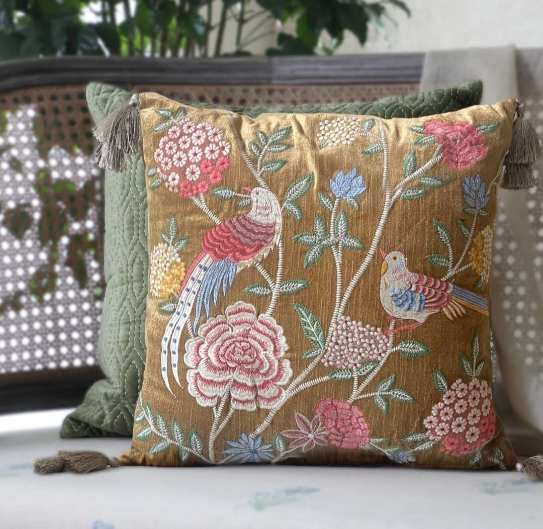 Hand embroidered Indian silk throw pillow covers